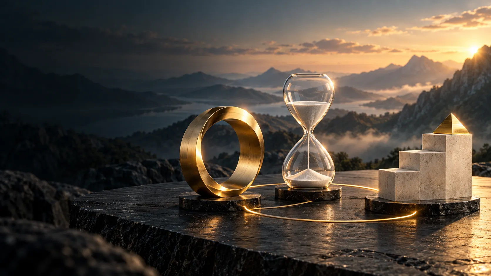 Gold ring, glass hourglass, and rising stone steps representing recurring, time-based, and outcome-based marketing pricing.
